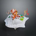 Fantasy Orange White Striped Character With Green Plants Red Ribbons On White Platform