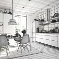 Modern Open Concept Kitchen Interior With White Cabinets Island Counter And Dining Chairs