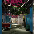 Modern Hair Beauty Salon Interior With Red Decorative Ceiling And Styling Stations