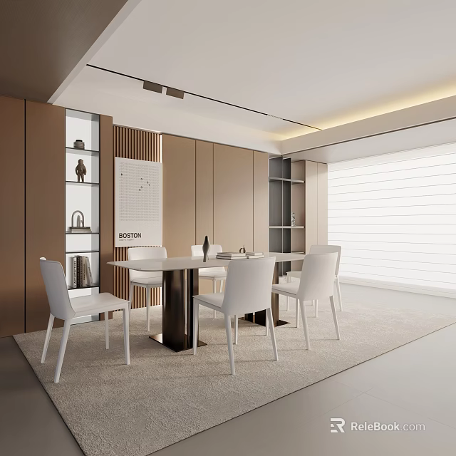 Modern White Dining Chairs in Stylish Dining Room with Round Table Brown Cabinets Window Blinds 3d model 