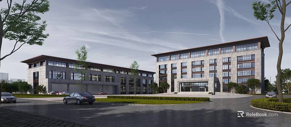 Modern Office Building Exterior With Stone Facade Parking Area And Green Landscaping 3d model 