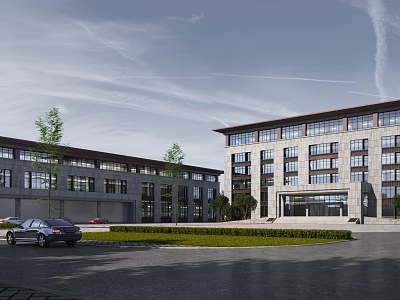 Modern Office Building Exterior With Stone Facade Parking Area And Green Landscaping 3d model