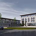 Modern Office Building Exterior With Stone Facade Parking Area And Green Landscaping