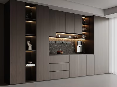 Modern Kitchen Cabinets With Dark Wood Finish Open Shelves Lighting And Coffee Machine 3d model