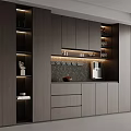 Modern Kitchen Cabinets With Dark Wood Finish Open Shelves Lighting And Coffee Machine