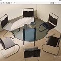 Modern Round Glass Dining Table Set With Six Metal Chairs Gray Cushions Wooden Floor