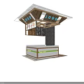Modern Shopping Mall Retail Kiosk with Sloped Roof Display Shelves and Green Striped Base