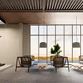 Comfortable Modern Restaurant Interior With Large Windows Sofa Seats Hanging Lamps And Green Plants
