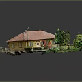 Yellow Building With Red Tile Roof Stone Steps Entrance Green Lawn Trees And Shrubs