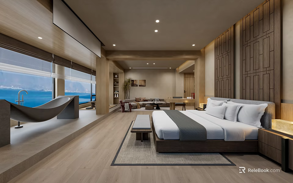 Modern Hotel Guest Room With Sea View Large Windows Wooden Accents And Hammock Chair 3d model 