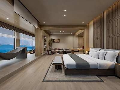 Modern Hotel Guest Room With Sea View Large Windows Wooden Accents And Hammock Chair 3d model