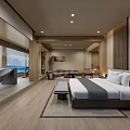 Modern Hotel Guest Room With Sea View Large Windows Wooden Accents And Hammock Chair