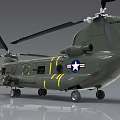 Green Military Helicopter with American Flag Insignia and Yellow Stripes