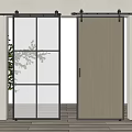 Minimalist Modern Barn Door Design With Glass Panel Beige Wooden Texture And Black Metal Track