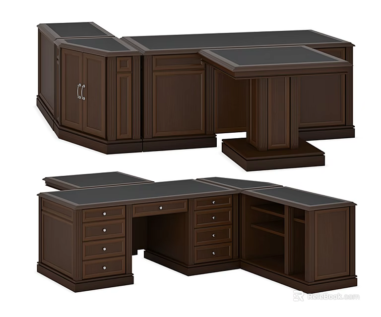 Wooden Office Desk With Dark Brown Finish Multiple Drawers And Cabinets 3d model 
