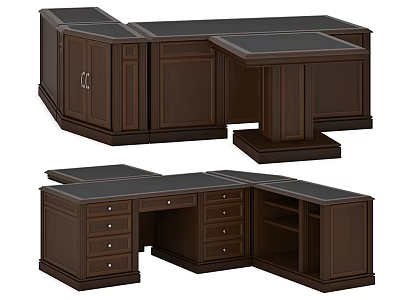 Wooden Office Desk With Dark Brown Finish Multiple Drawers And Cabinets 3d model