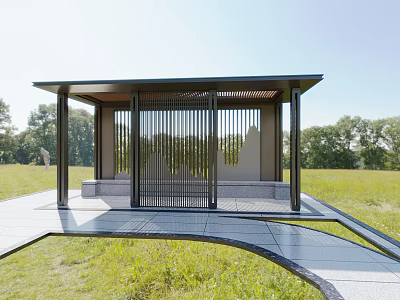 Garden Landscape With Modern Pavilion Metal Frame Vertical Slats Stone Base Pathway And Grass Trees 3d model