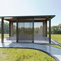 Garden Landscape With Modern Pavilion Metal Frame Vertical Slats Stone Base Pathway And Grass Trees