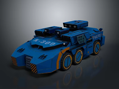 Blue Military Armored Vehicle With Six Wheels And Police Markings 3d model