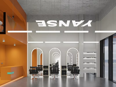Modern Hair Salon Interior With Orange Walls Arched Mirrors Black Chairs And White Lighting 3d model