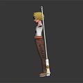 Young Blonde Character Wearing White Shirt And Brown Pants Standing With Open Arms By Mop