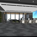 Modern Public Office Space Design With Large Screen Green Plant Wall Desks Chairs And Windows