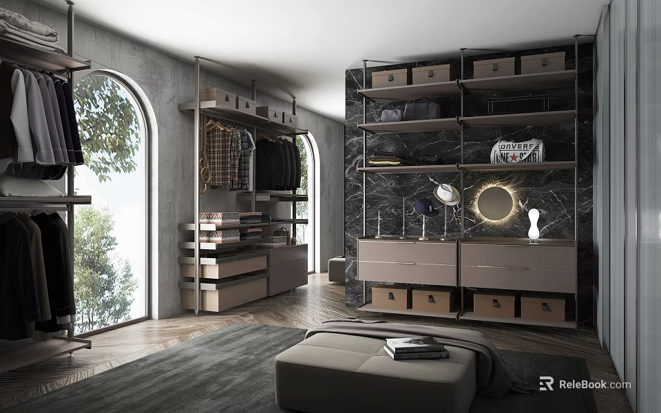 Modern Walk in Closet Interior Design With Open Shelves Hanging Rods And Marble Countertops 3d model 