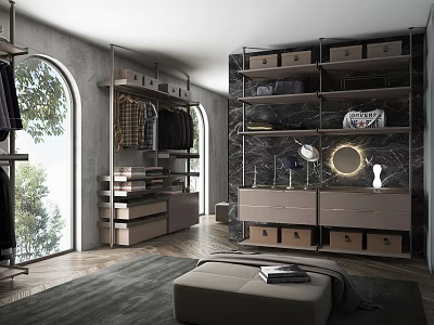 Modern Walk in Closet Interior Design With Open Shelves Hanging Rods And Marble Countertops 3d model