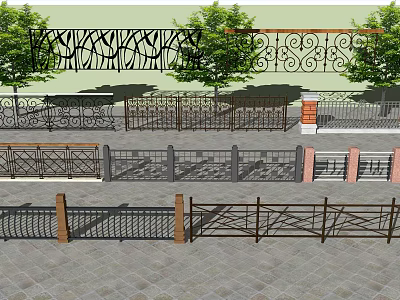 Decorative Wrought Iron Building Exterior Fences With Ornate Patterns And Garden Trees 3d model