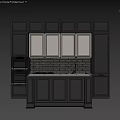 Modern Kitchen Featuring Black And Light Gray Cabinets With Marble Countertop And Oven