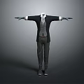 Formal Attire Mannequin With Arms Outstretched Wearing Black Suit And Tie Against Gray Background