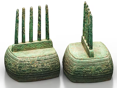 Two Green Ceramic Vessels With Columnar Structures And Intricate Patterns 3d model