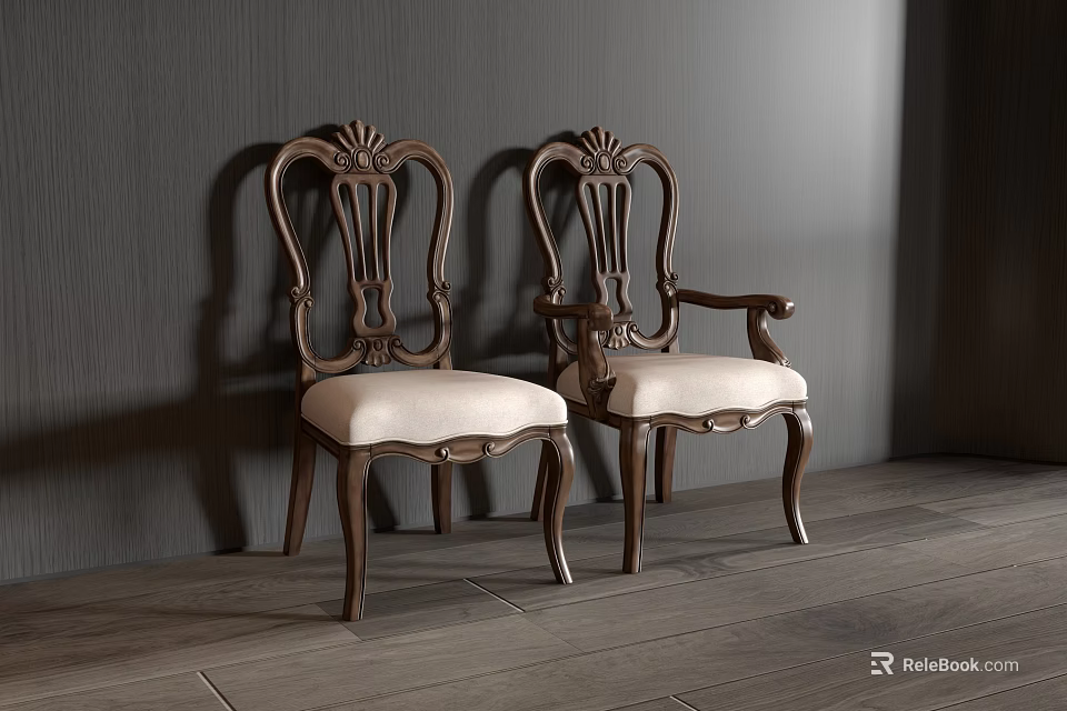 Elegant Dark Wooden Dining Chairs With Carved Backrest Armrests And Light Upholstered Seat Cushions 3d model 