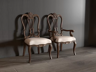 Elegant Dark Wooden Dining Chairs With Carved Backrest Armrests And Light Upholstered Seat Cushions 3d model