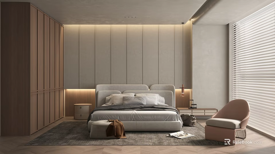 Elegant Modern Bedroom Interior Design With Upholstered Bed Wooden Wardrobe And Area Rug 3d model 