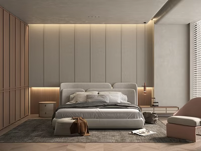 Elegant Modern Bedroom Interior Design With Upholstered Bed Wooden Wardrobe And Area Rug 3d model