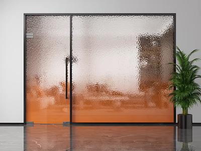 Interior Frosted Glass Sliding Door With Black Frame And Green Plant 3d model