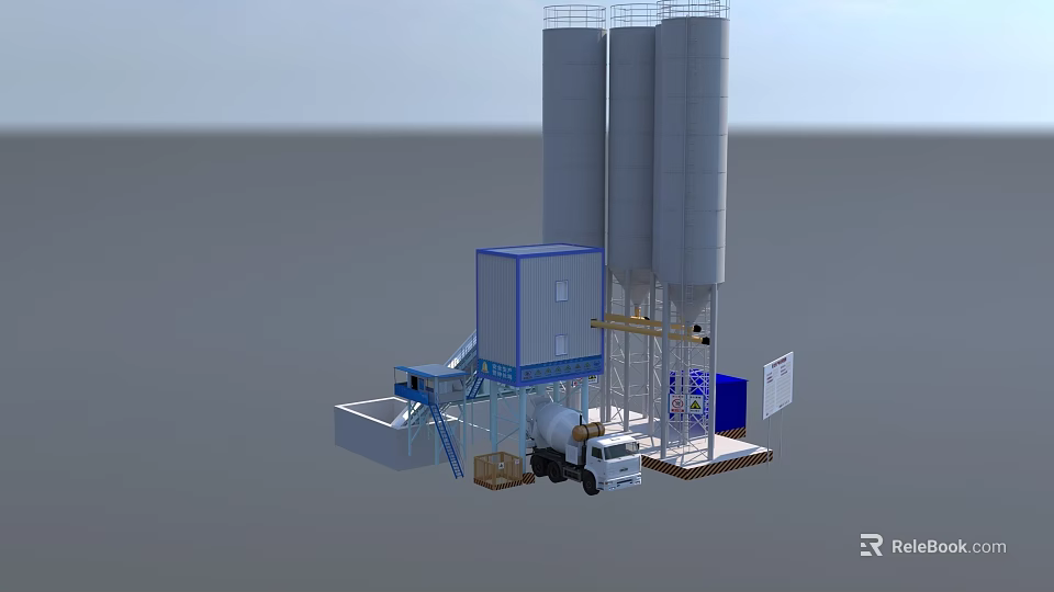 Concrete Batching Plant Components With Twin Silos Blue Control Room Conveyor Belt And Mixer Truck 3d model 