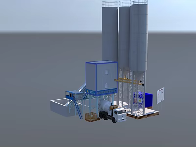 Concrete Batching Plant Components With Twin Silos Blue Control Room Conveyor Belt And Mixer Truck 3d model