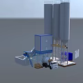 Concrete Batching Plant Components With Twin Silos Blue Control Room Conveyor Belt And Mixer Truck