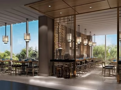 Modern Restaurant Interior With Large Windows Hanging Lamps Wooden Partition And Dining Tables 3d model
