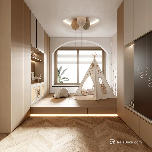 Tatami Bedroom Interior With Platform Kids Teepee Arched Window Soft Lighting And Wooden Flooring 3d model 