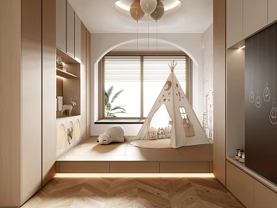 Tatami Bedroom Interior With Platform Kids Teepee Arched Window Soft Lighting And Wooden Flooring 3d model