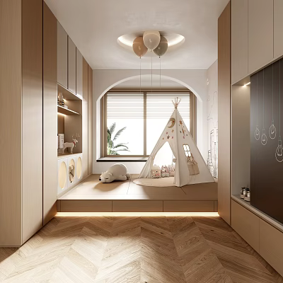 Tatami Bedroom Interior With Platform Kids Teepee Arched Window Soft Lighting And Wooden Flooring 3d model