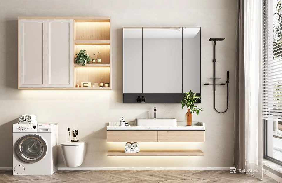 Modern Minimalist Bathroom Washbasin With Mirror Wooden Cabinets Wall Mounted Shelves And Potted Plant 3d model 