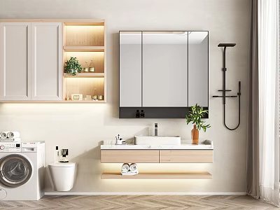 Modern Minimalist Bathroom Washbasin With Mirror Wooden Cabinets Wall Mounted Shelves And Potted Plant 3d model