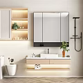 Modern Minimalist Bathroom Washbasin With Mirror Wooden Cabinets Wall Mounted Shelves And Potted Plant