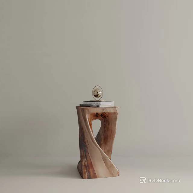 Wooden Side Table With Unique Twisted Shape Stacked Books And Globe On Light Colored Wall 3d model 