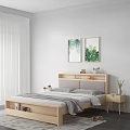 Double Bed In Modern Minimalist Bedroom With Wooden Headboard Green Plant Paintings Nightstand And Curtains