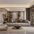 Modern Luxury Open Living Dining Room With Landscape Backdrop Sofa Coffee Table And Staircase